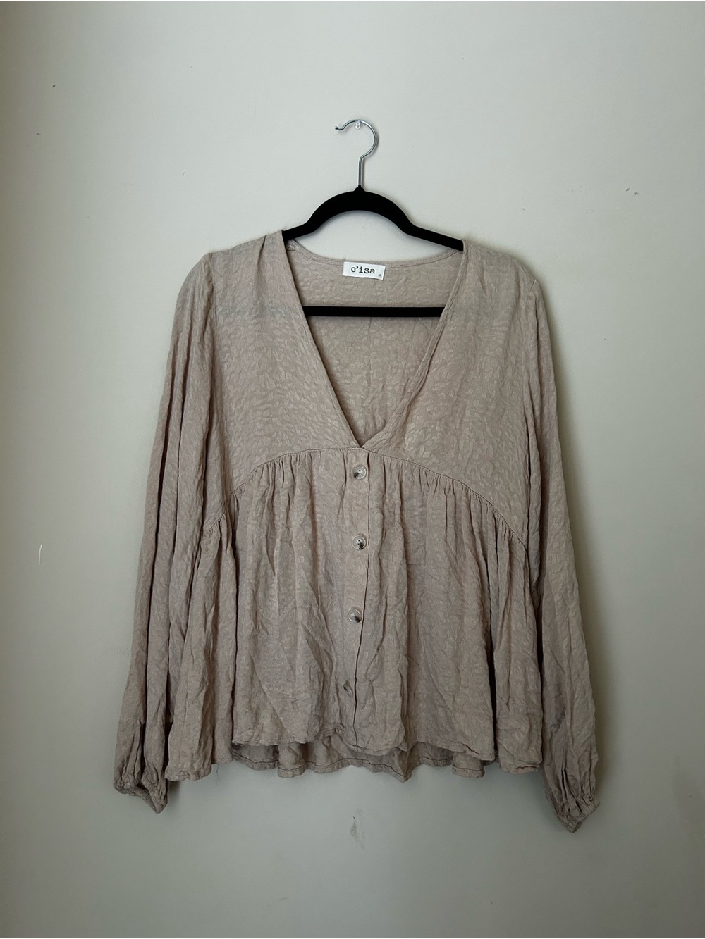 c/isa Taupe V-Neck Button-Front Peplum Blouse